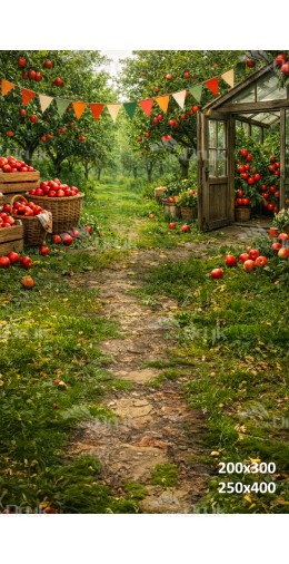 Tło fotograficzne „Sad jabłoni z rustykalną szklarnią” | 4018